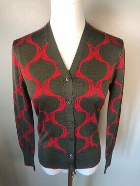 Sophie Theallet 100% Silk V Neck Button Front Olive & Red Geometric Cardigan M